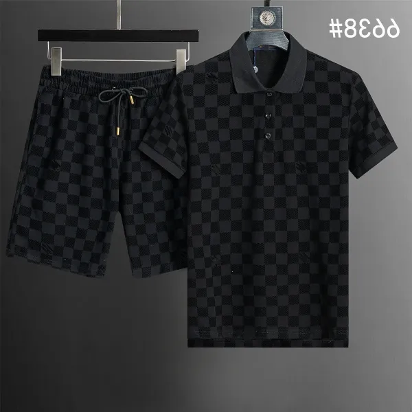 Design Checkerboard Pattern Black Polo and Shorts Set - 1