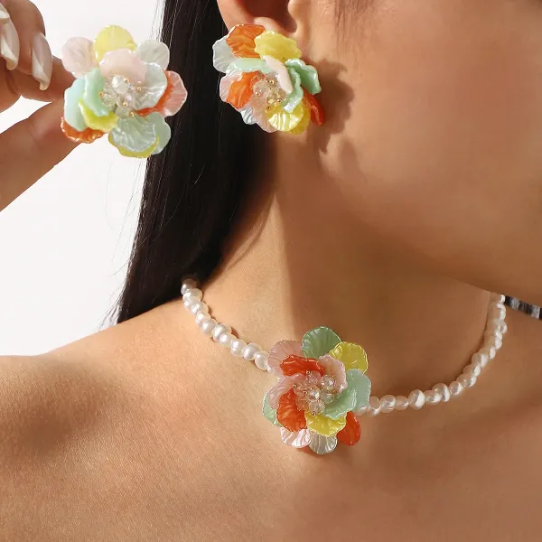 Design Floral Resin Crystal Stud Earrings Orange and Cream Jewelry - 11