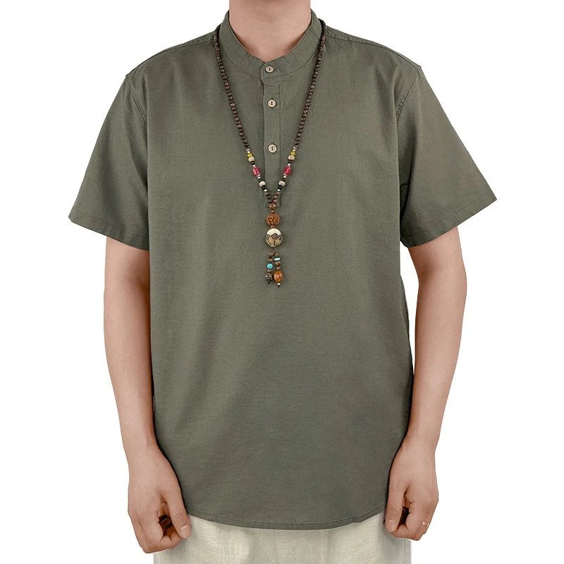 Linen Short Sleeve Beige Mandarin Collar Shirt