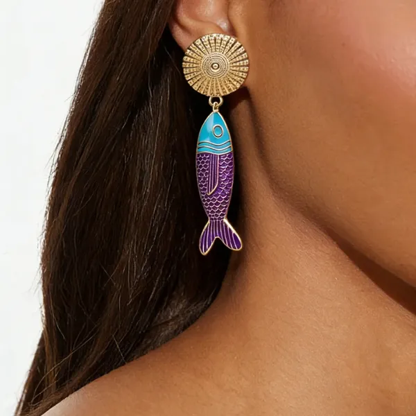 Design Fish Charm Drop Earrings Gold Silver Multicolor Jewelry - 11