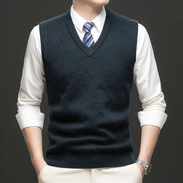 Design V-Neck Knit Vest Navy Blue Vest Top - 98