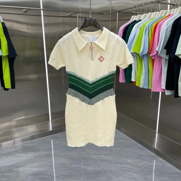 Design Knit Polo Dress Beige with Green Chevron Stripe - 1