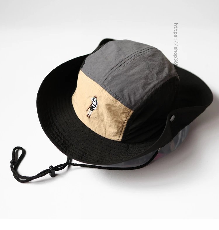 Design Bucket Hat Black / Gray / Beige Patchwork with Embroidered Figure
