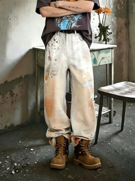 Design Distressed Paint-Splatter Wide-Leg Pants with Heart Patch Beige - 6