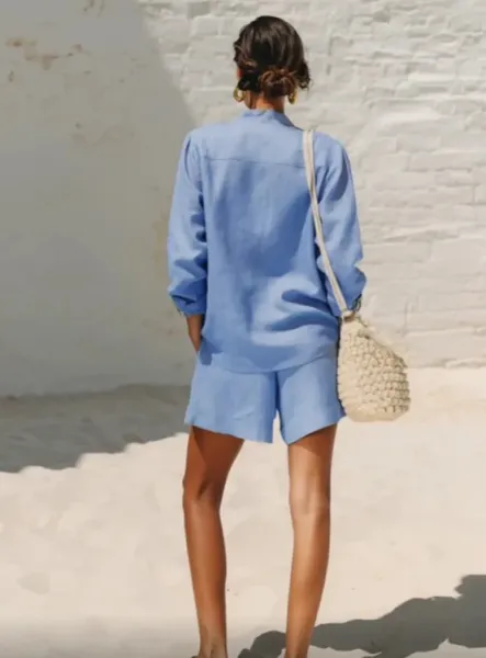 Design Light Blue Linen Blazer and Shorts Set Sets - 8