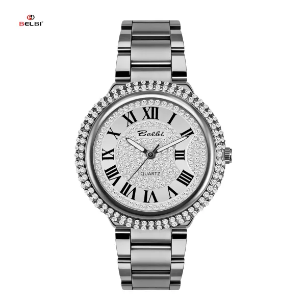 Design Belbi Crystal-Encrusted Roman Numeral Quartz Watch Silver Watches - 1