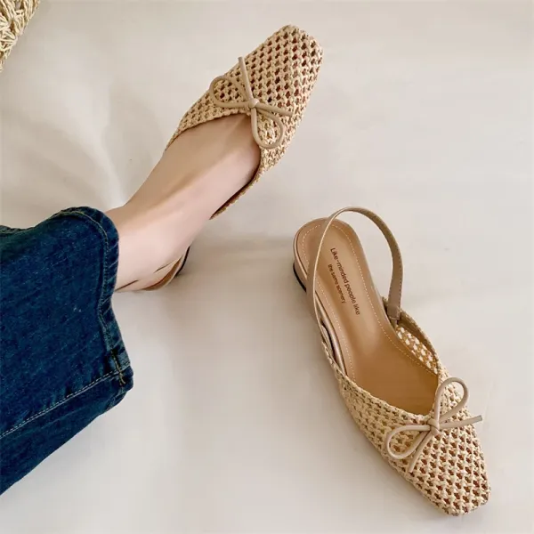 Design Woven Slingback Loafers with Bow Detail in Beige, Brown, and Black Loafers - 12