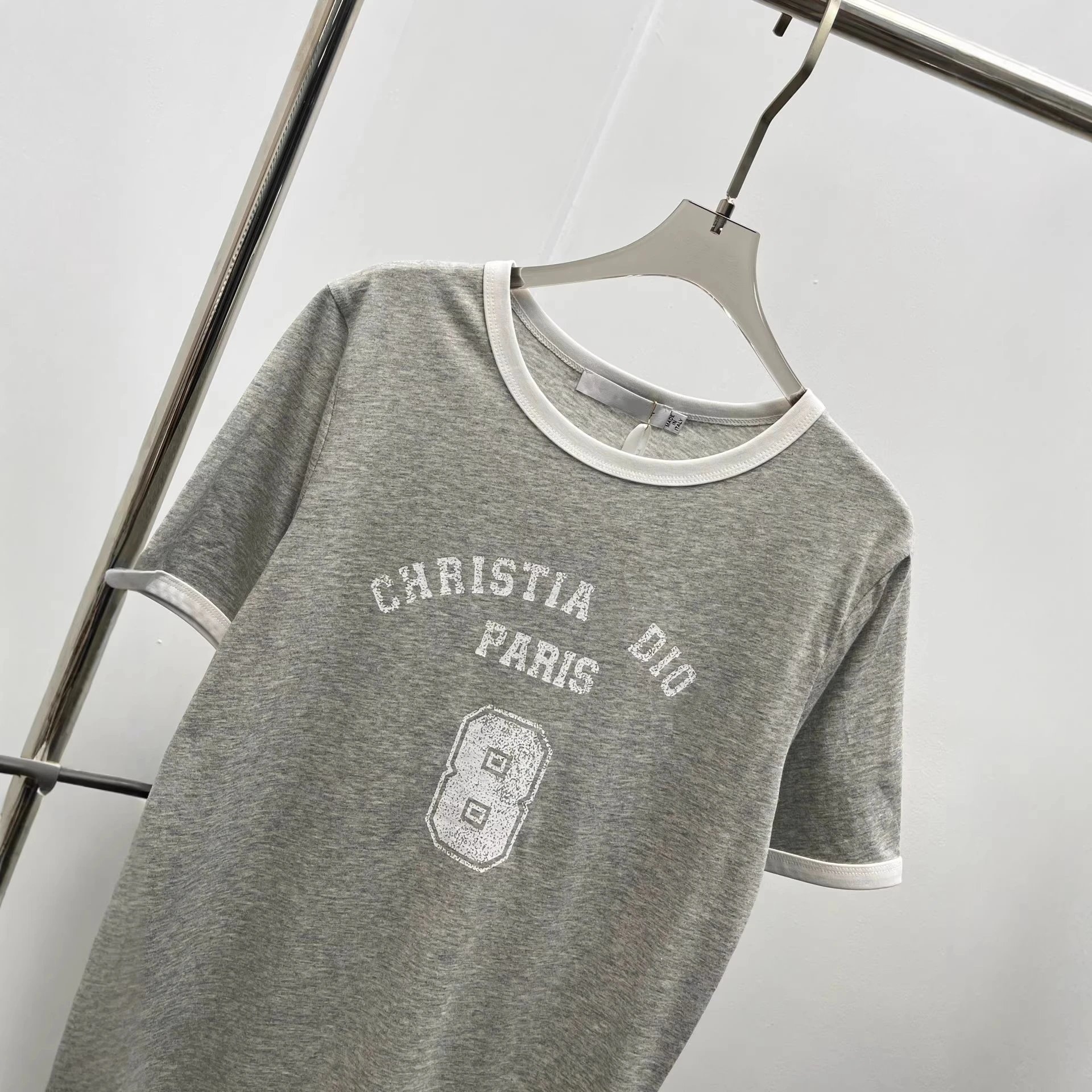 Christian Dior Gray Ringer Tee With Logo Print Casual T-Shirt