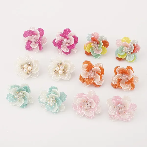 Design Floral Resin Crystal Stud Earrings Orange and Cream Jewelry - 34