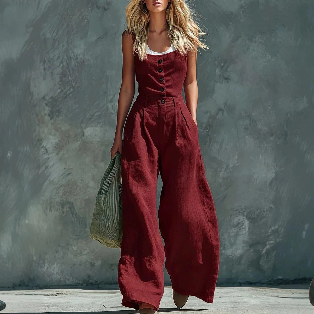 Design Wide-Leg Linen Jumpsuit Blue Clothing - 10