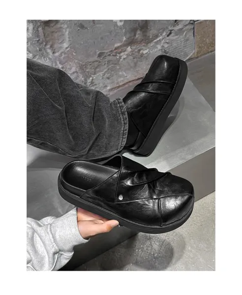 Design Chunky Leather Slide Black Slipper - 10