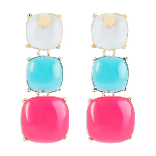 Design Three-Tier Cushion-Cut Resin Earrings White Turquoise Pink Jewelry - 1
