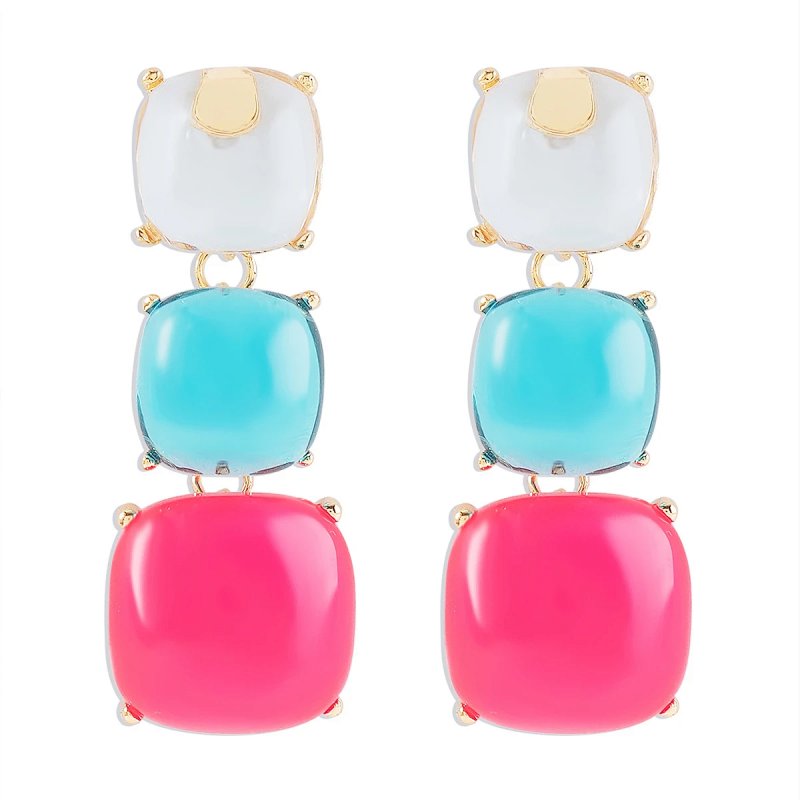 Three-Tier Cushion-Cut Resin Earrings Gray Yellow Pink Earrings