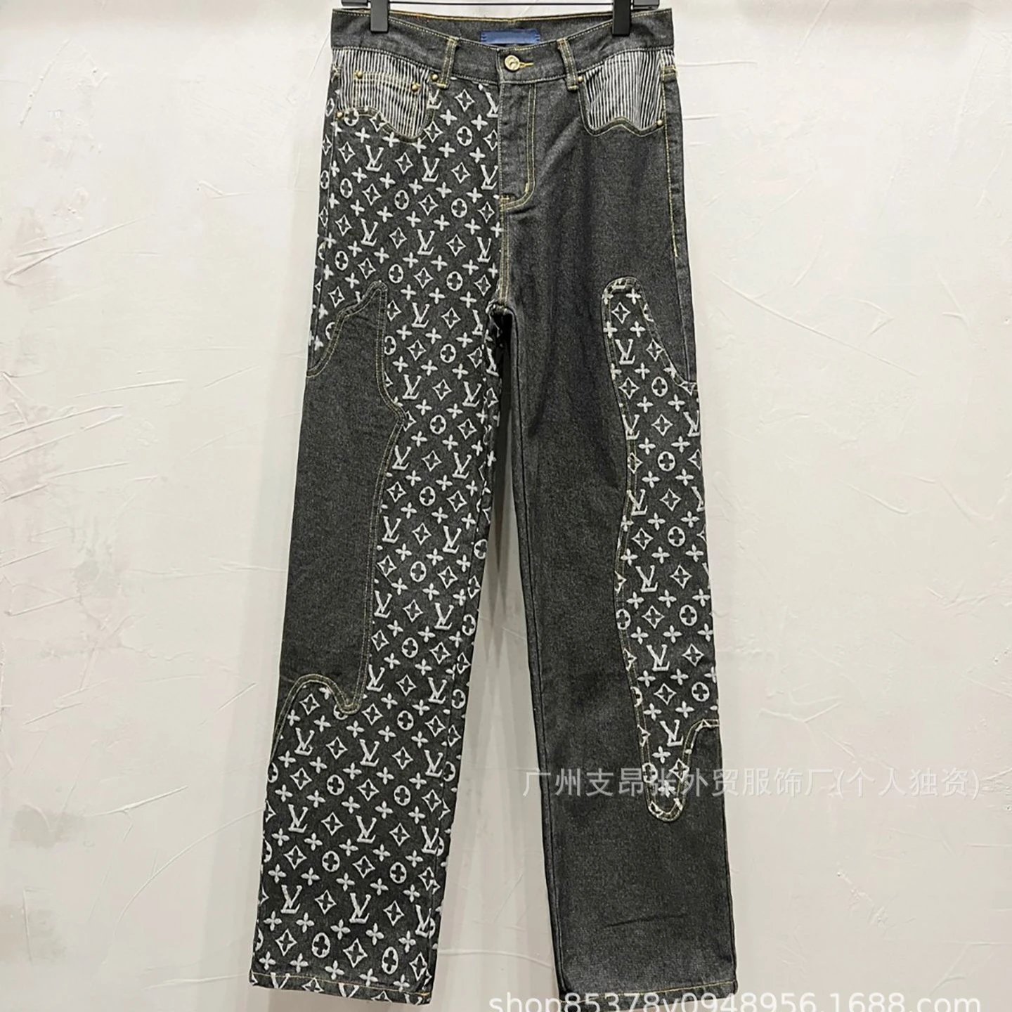 Monogram Print Black Wide Leg Denim Jeans