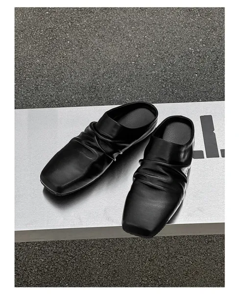 Design Square-Toe Leather Mule Black Shoes Slippers - 4