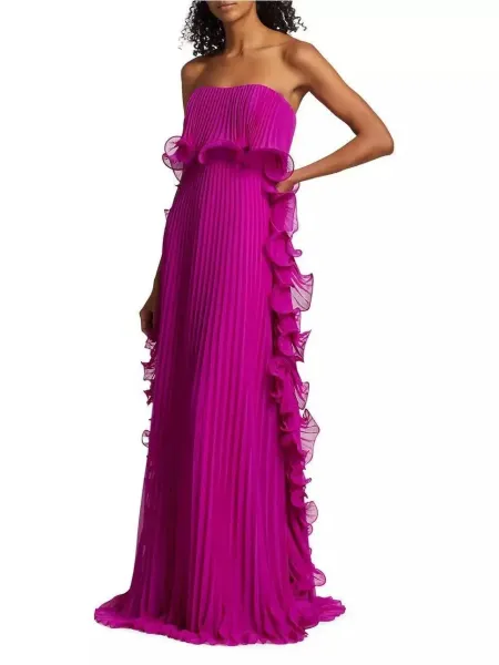 Design Yellow Pleated Ruffle Strapless Gown Dress - 9