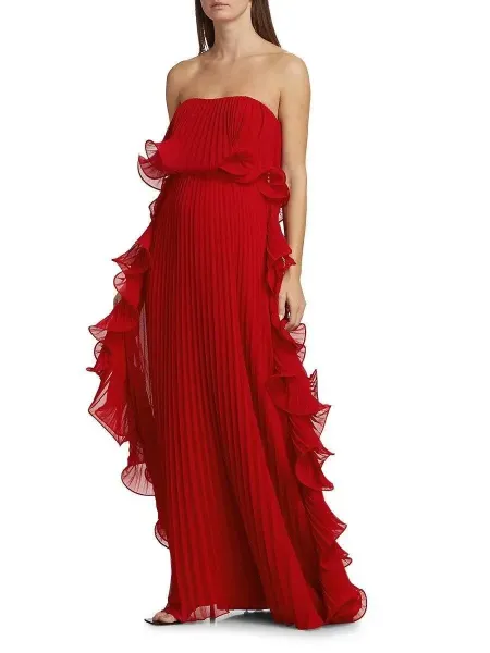 Design Yellow Pleated Ruffle Strapless Gown Dress - 11
