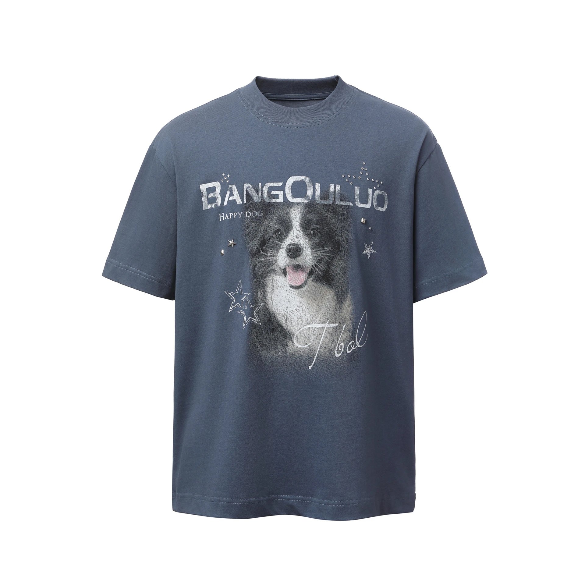 BANGQULUO Happy Dog Graphic Print White And Navy Blue Oversized T Shirt