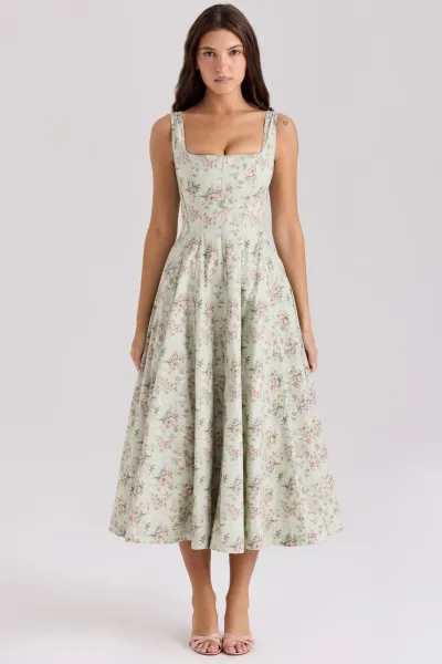 Design Floral Corset Midi Dress Beige Pink - 15
