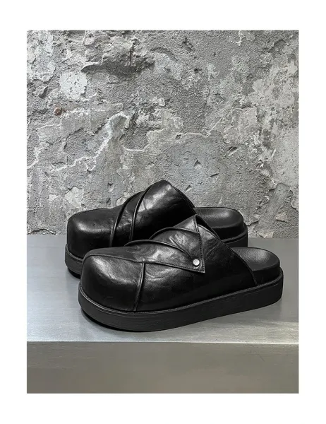 Design Chunky Leather Slide Black Slipper - 14