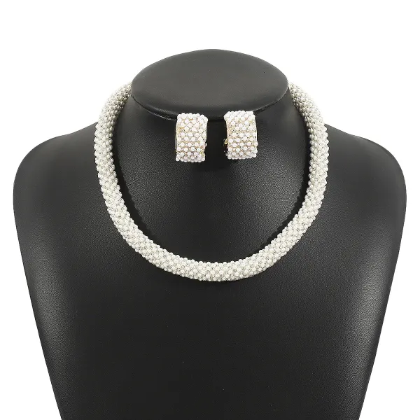 Design Pearl-Embellished Choker Necklace and Earrings Set White Jewelry - 1