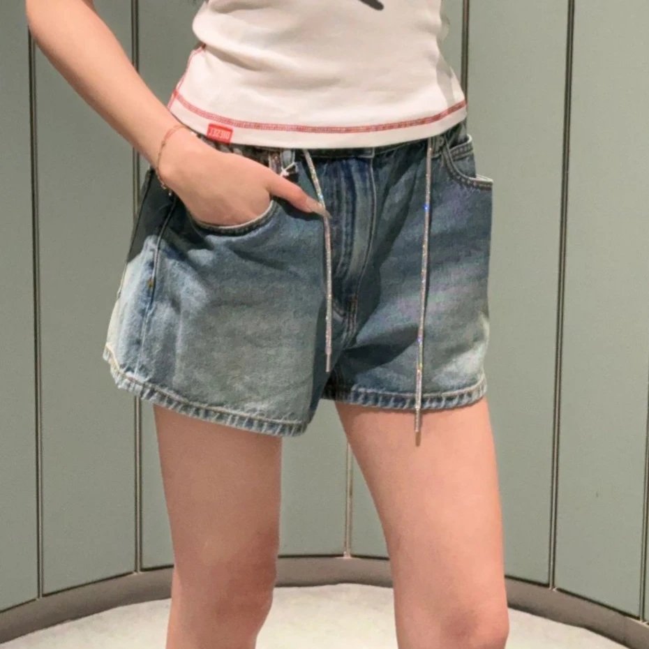 Rhinestone Drawstring Denim Shorts