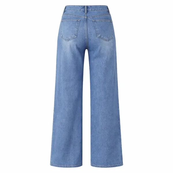 Design Wide-Leg High-Waisted Blue Jeans with White Long-Sleeve Crop Top - 7