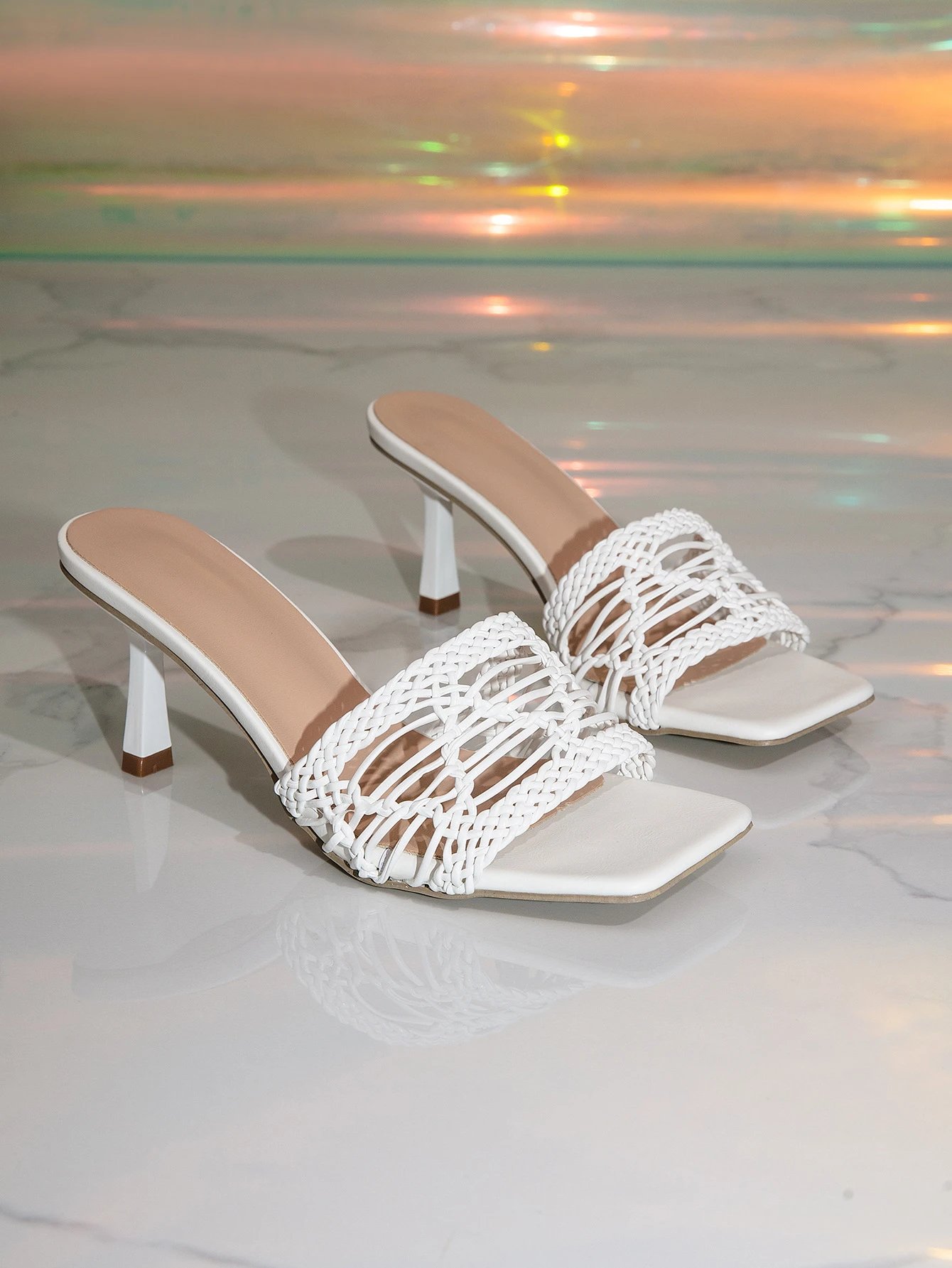 Design Silver Woven Mesh Mule Heels Sandals - 17