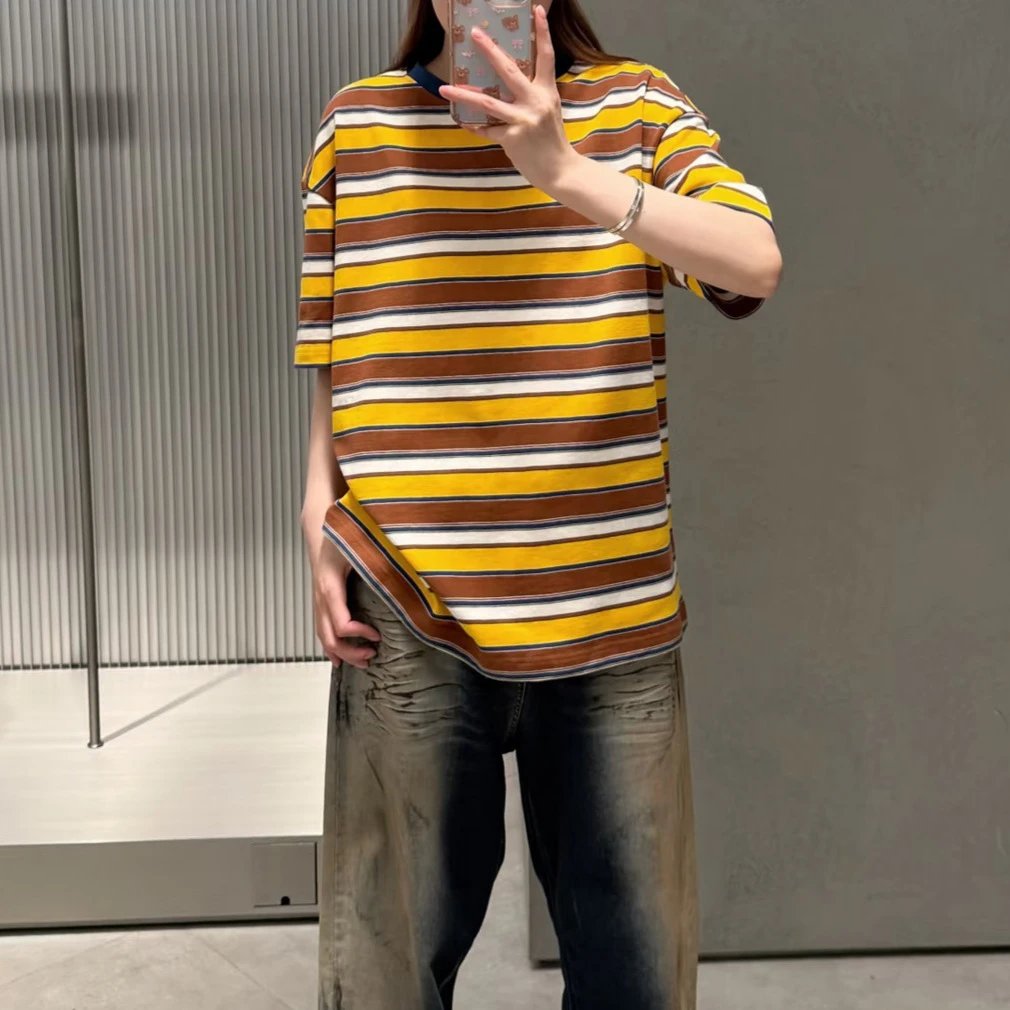 Striped Cotton T-Shirt Yellow Brown White Navy Casual