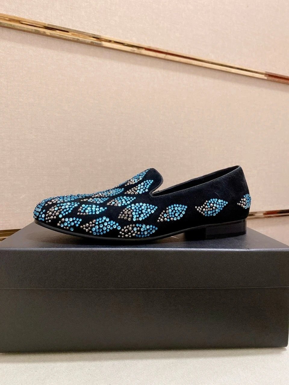 Design Giuseppe Zanotti Crystal-Embellished Velvet Loafers Blue Black Loafers - 13