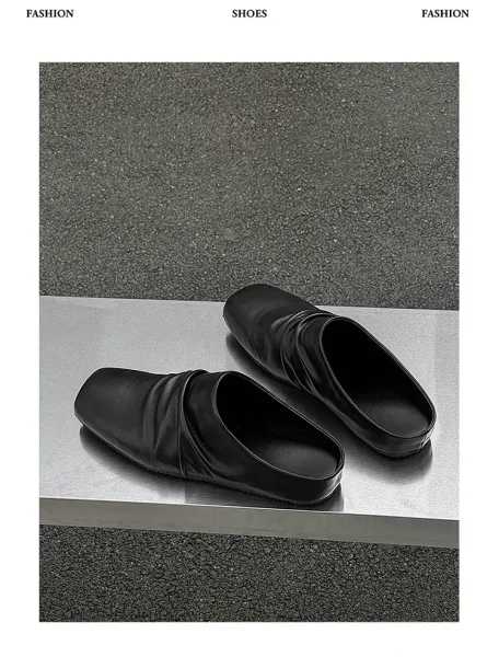 Design Square-Toe Leather Mule Black Shoes Slippers - 10