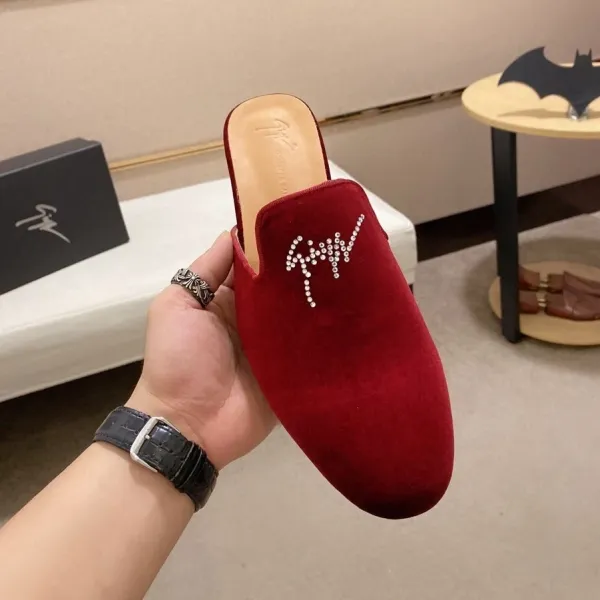 Design Giuseppe Zanotti Velvet Mule in Burgundy with Crystal Logo Slippers - 1