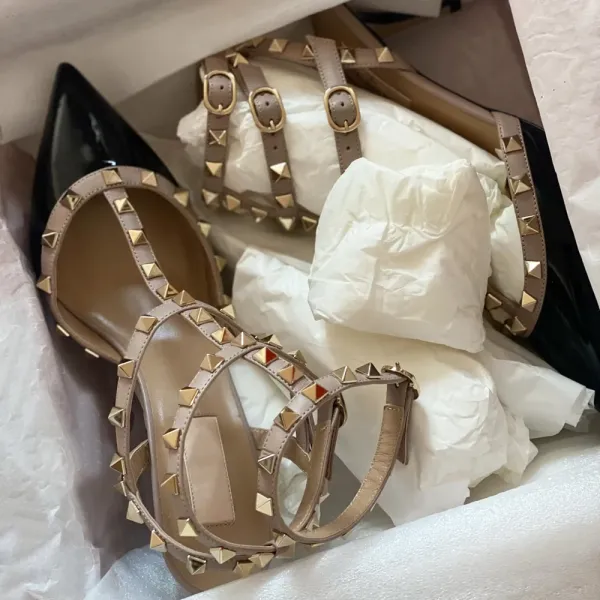 Valentino Rockstud Strappy Sandals Beige and Black Heels - 22