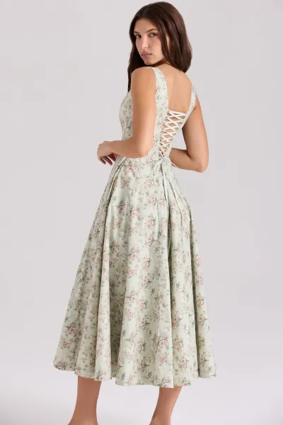 Design Floral Corset Midi Dress Beige Pink - 26