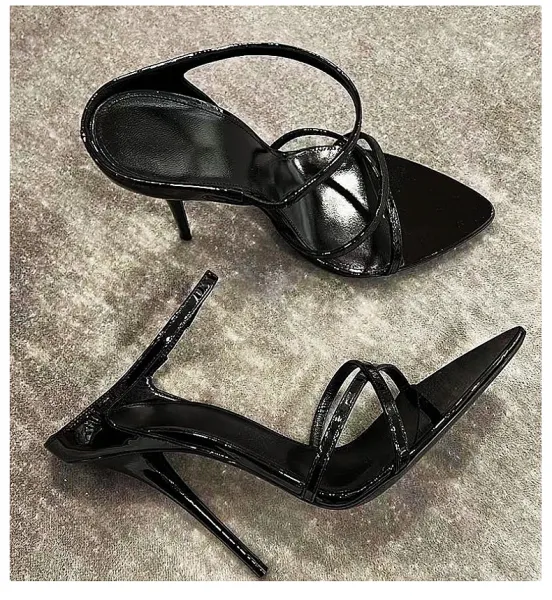 Design Strappy Patent Leather Stiletto Heels Black - 6