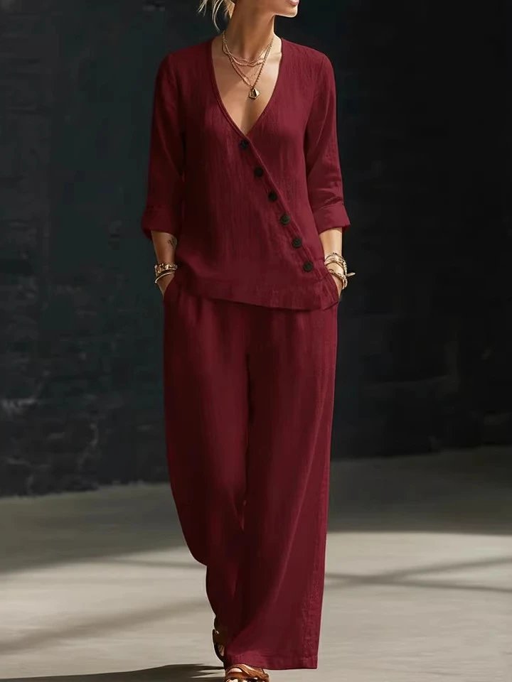 Wrap Front Linen Set Burgundy Casual