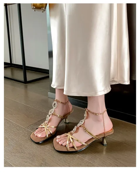 Design Crystal-Embellished Gold Strappy Mules Sandals - 5