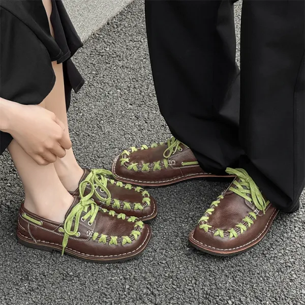Design Hand-Stitched Loafers Brown with Lime Green Laces Casual Shoes - 1