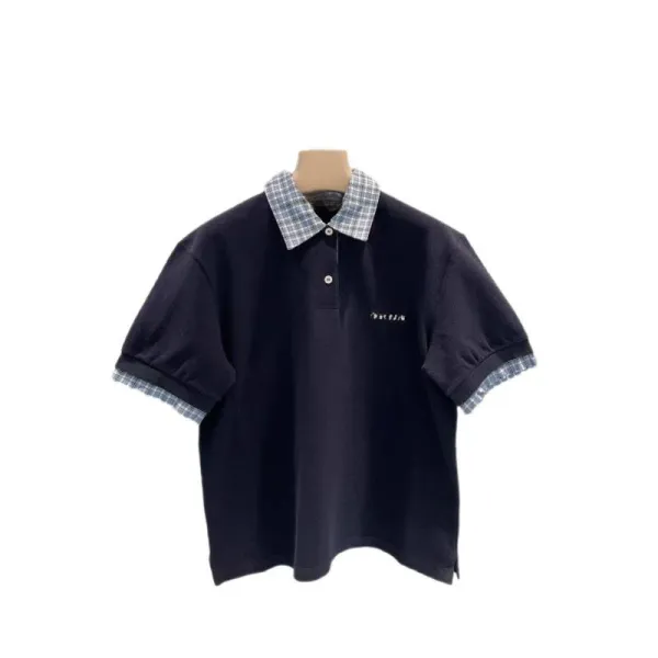 Design Layered Collar Polo Shirt Black with Gingham Trim Tops.polo - 9