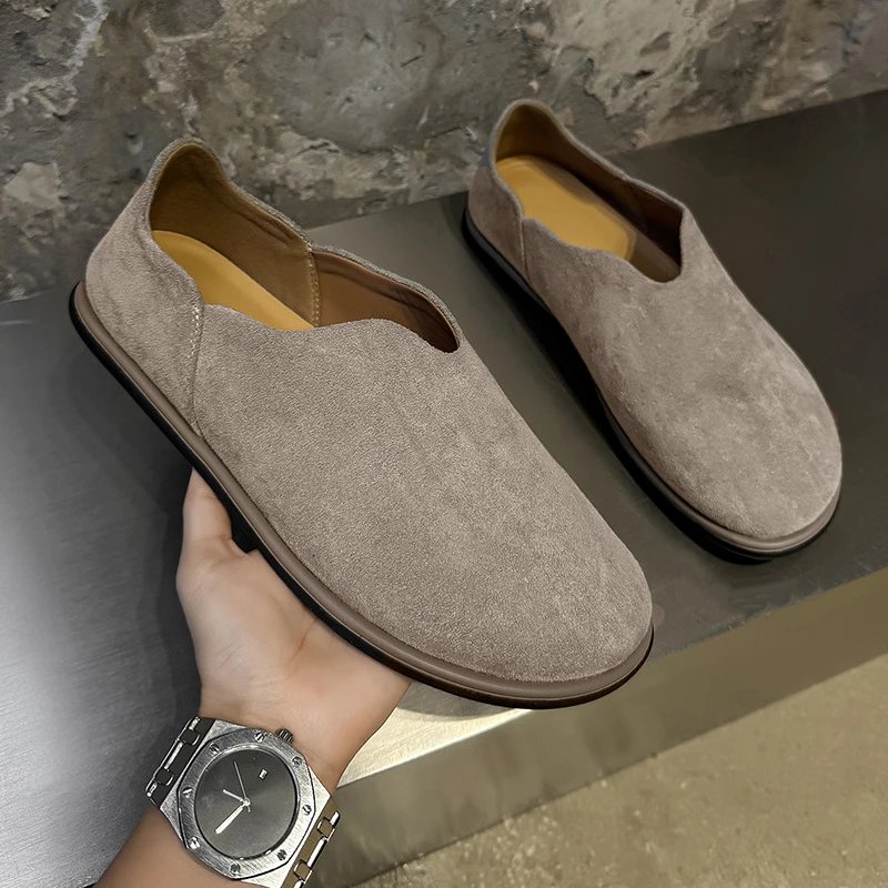 Suede Loafer Shoes Light Gray Beige Minimalist Slip-On