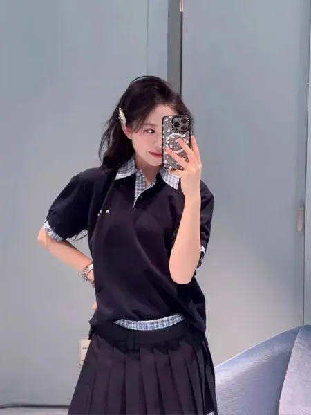 Design Layered Collar Polo Shirt Black with Gingham Trim Tops.polo - 8