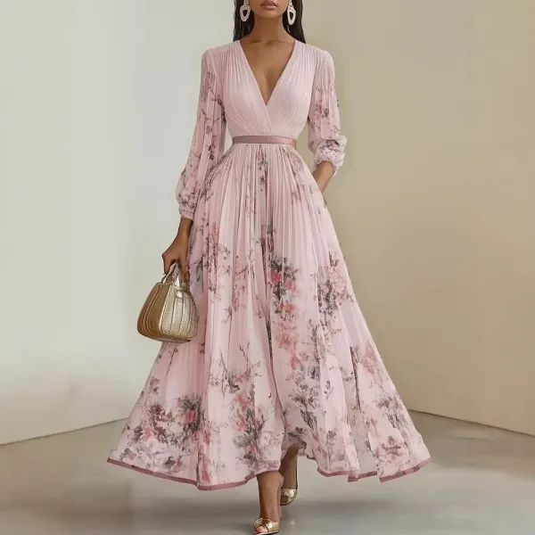 Design Floral Pleated V-Neck Maxi Dress in White with Blue and Beige Accents - 16