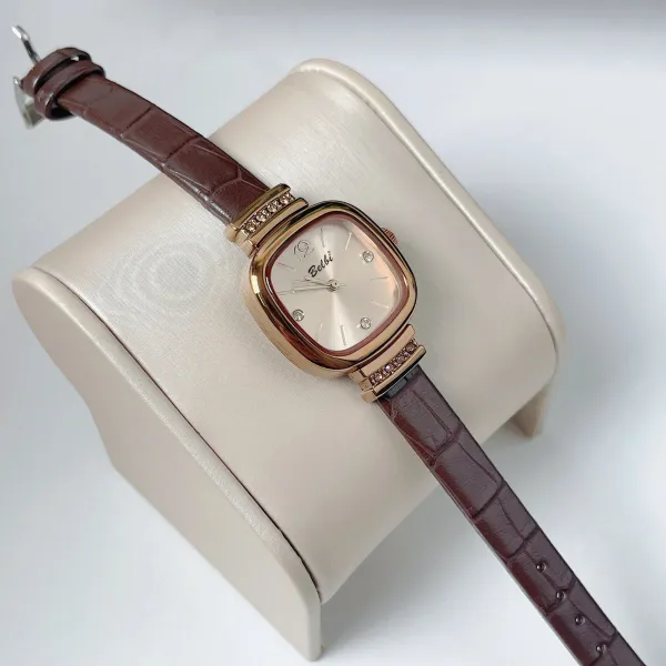 Design Belbi Square Dial Rose Gold Watch with Brown Leather Strap Watches - 3