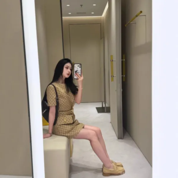 Gucci GG Marmont Checkered Dress Beige Brown Dress - 4