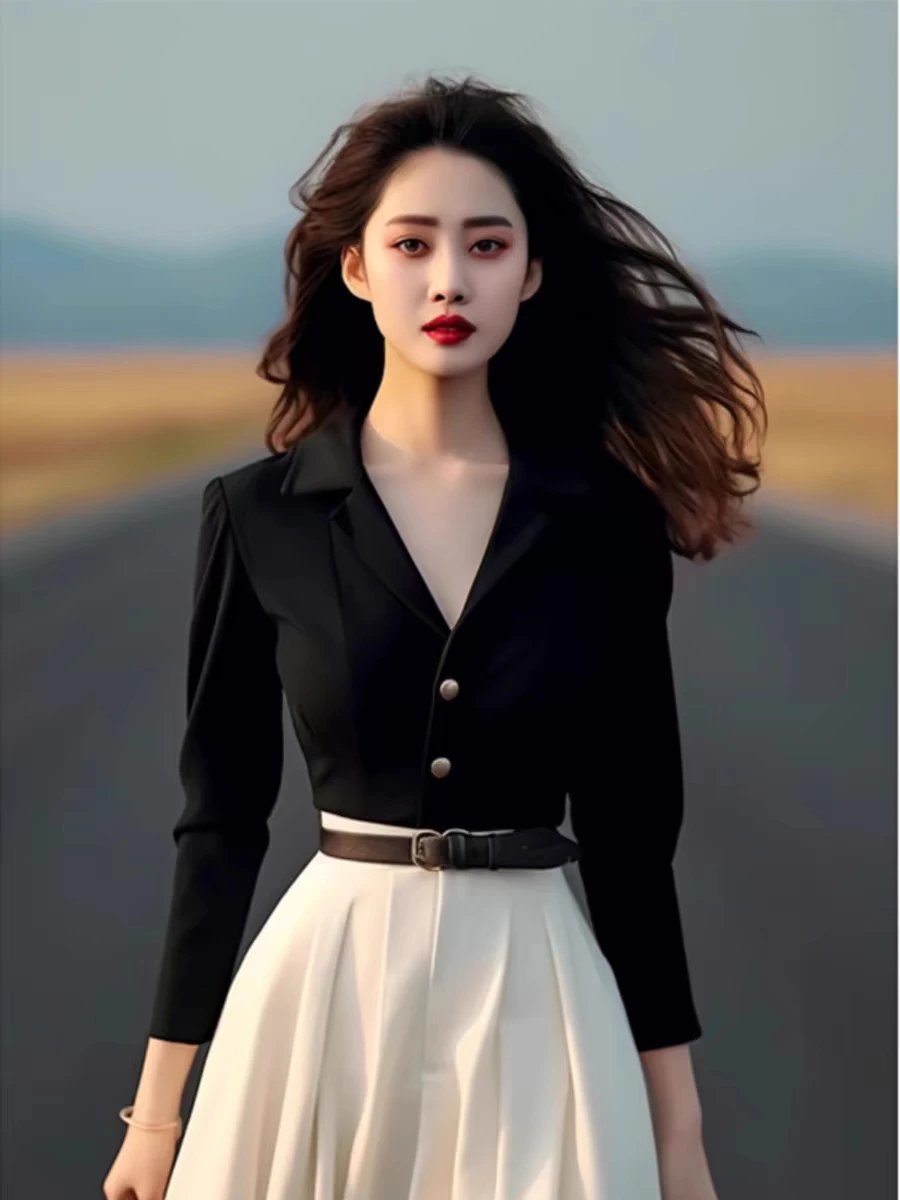 Design Black Tailored Blazer with White Pleated Skirt Set - 4