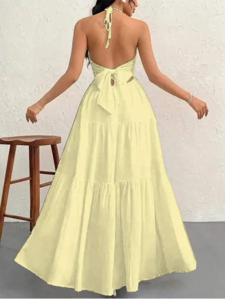 Design Halter Neck Tiered Maxi Dress Pale Yellow - 9