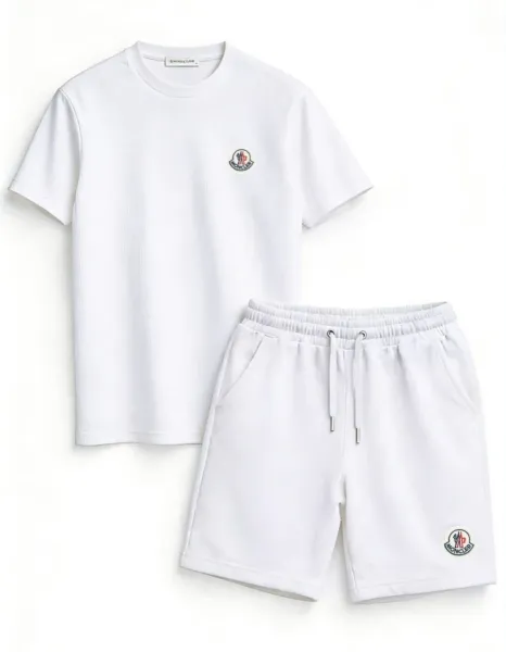 Moncler Logo-Embroidered Gray Ribbed T-Shirt and Sweatshorts Set - 6