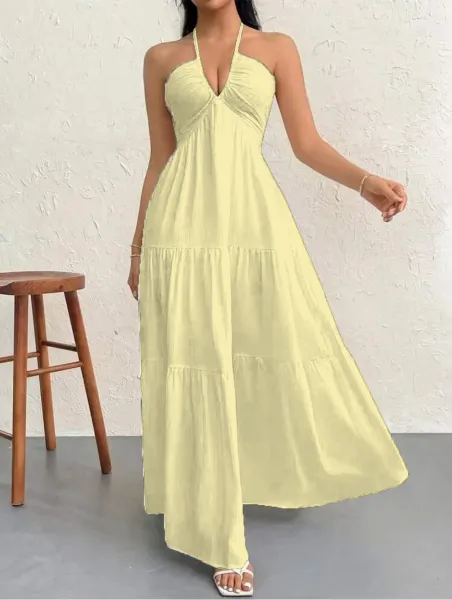 Design Halter Neck Tiered Maxi Dress Pale Yellow - 12