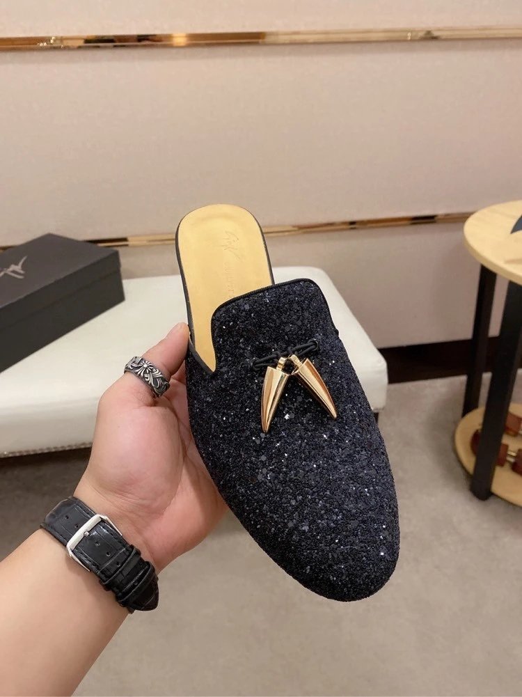 Design Giuseppe Zanotti Glitter Loafers with Gold Spike Detail Black Slippers - 4