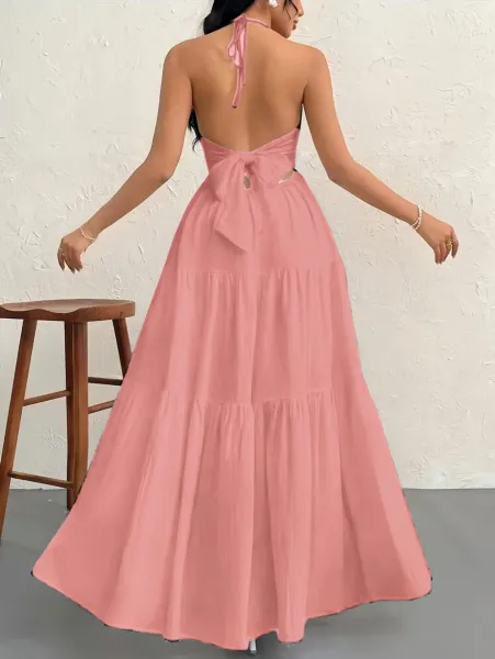 Design Halter Neck Tiered Maxi Dress Pale Yellow - 15